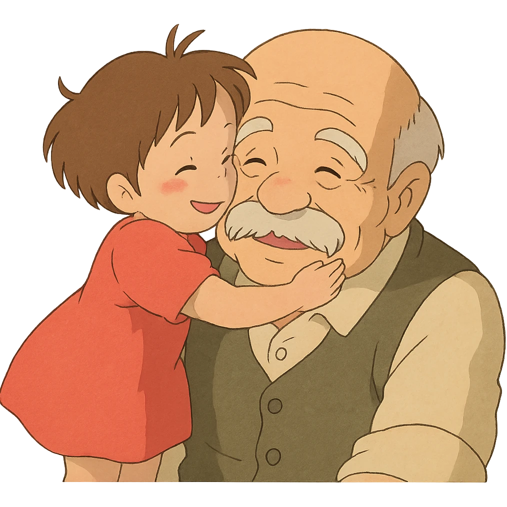 small kid showing affection to their granddad, gentle and heartwarming emoji