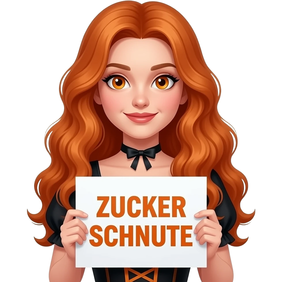 sexy girl with long wavy ginger hair and ginger eyes wearing a halloween dress is holding a white colored sign with ZUCKER SCHNUTE written on it emoji