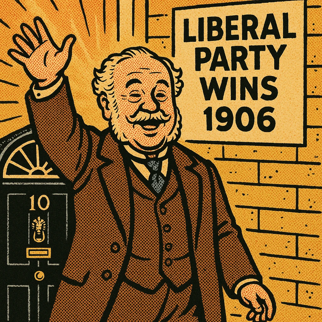A happy Victorian politician who looks like Prime Minister Henry Campbell-Bannerman from the early 1900s standing in front of the black door or 10 Downing Street.  There is a sign on the wall saying 'Liberal Party Wins 1906'. emoji