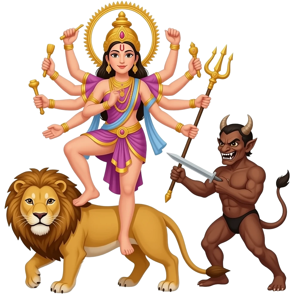 Create an emoji of a goddess with ten hands standing with one leg on a lion's back and another leg on a brownish demon and the goddess is stabbing him in his chest with a trident with her two front arms emoji