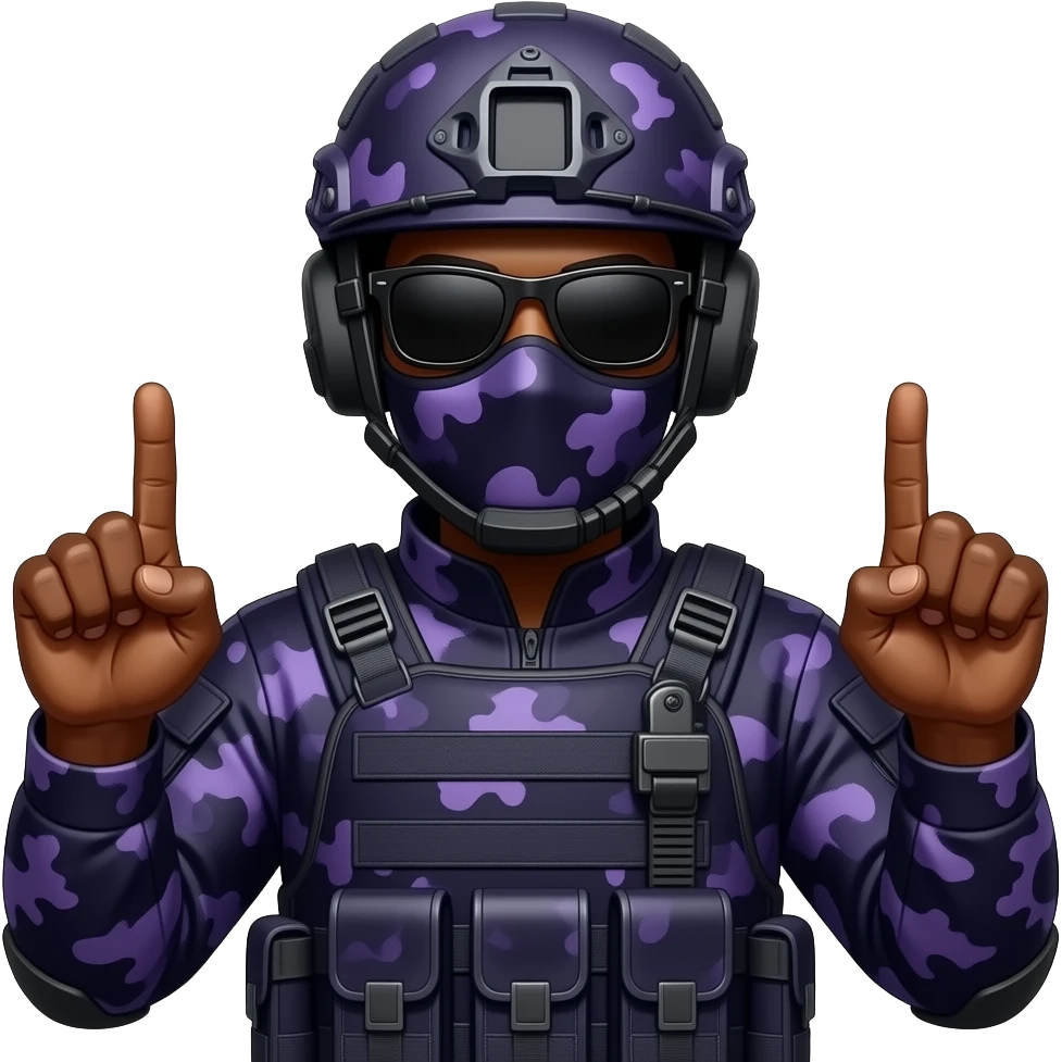 Black Man in large black sungoggles dark purple camoflage tactical gear helmet mask giving both middle fingers emoji
