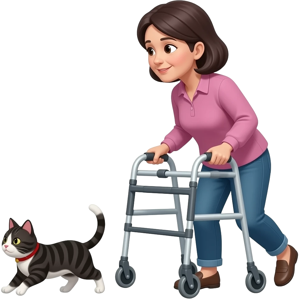Middle aged, dark haired woman using walker chasing a black and white tabby cat emoji