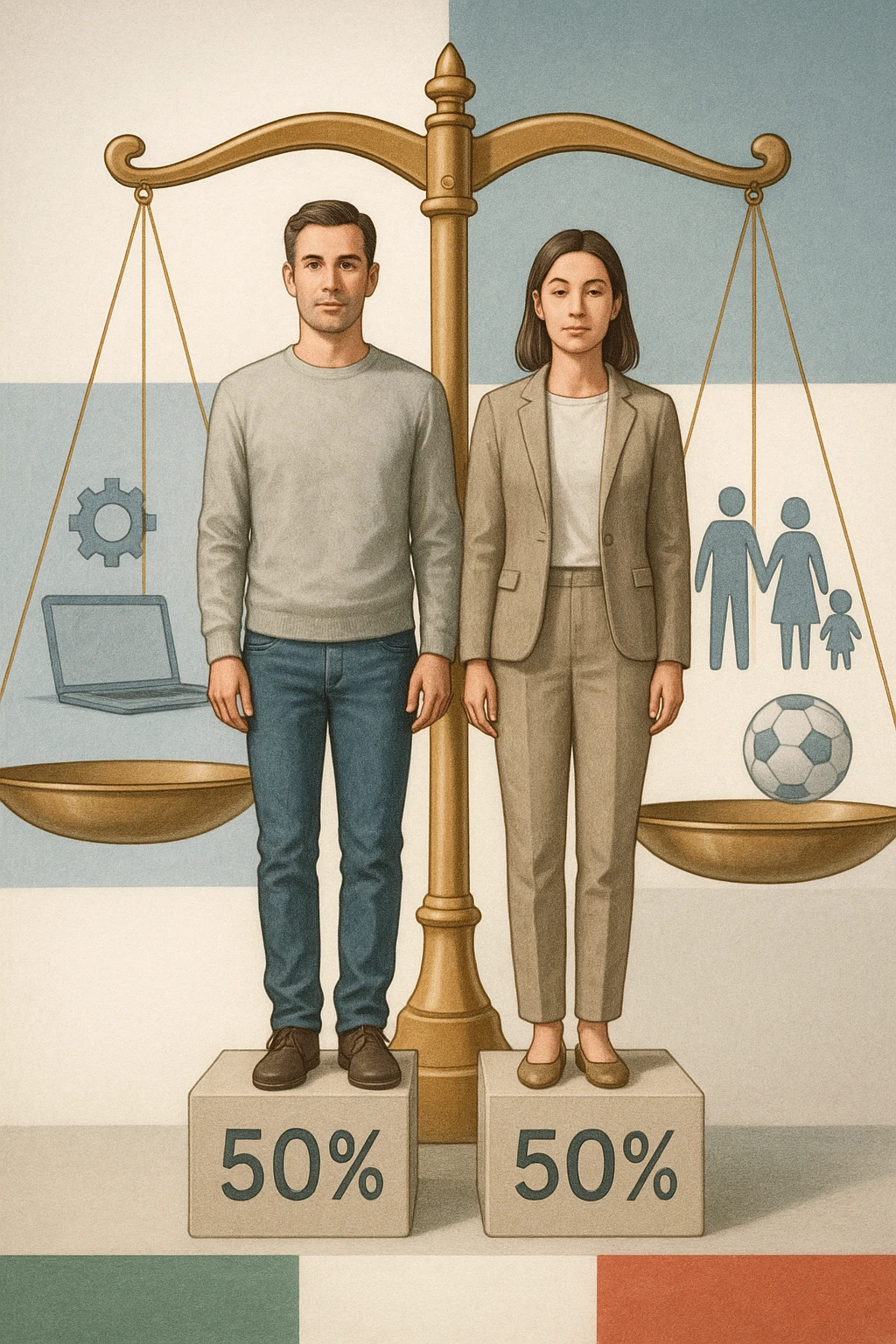 Uomo e donna in piedi l’uno accanto all’altra, al centro di una bilancia perfettamente in equilibrio. Entrambi vestiti in modo simile (moderno e neutro), con espressioni serene e rispettose. Sotto i loro piedi, due blocchi con scritto '50%' ciascuno. Sullo sfondo, elementi divisi simmetricamente: lavoro, famiglia, tempo libero, rappresentati equamente da entrambi. Atmosfera armoniosa, illuminazione equilibrata, colori neutri e simbolici (bianco, grigio, blu e oro). Stile realistico con accento simbolico sul concetto di equità in italiano emoji
