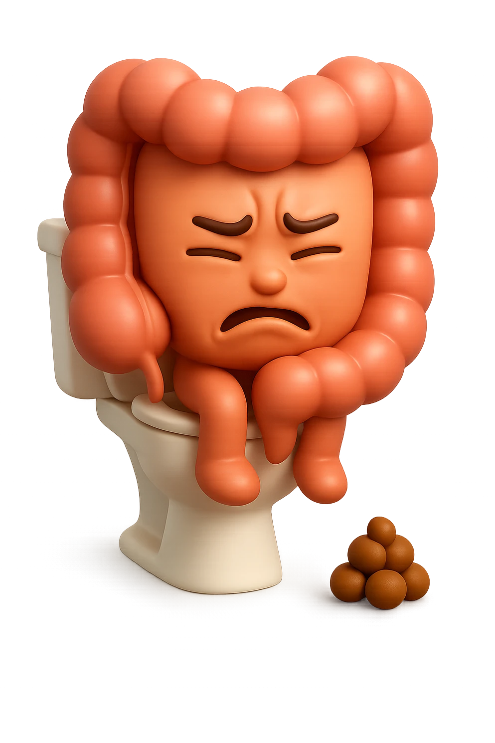 EMOJI STILE IPHONE 3D DI UN INTESTINO CHE sta seduto sul wc e davanti ha una montagnetta di feci a palline stile emoji iphone, fallo senza naso e FAGLI UN ESPRESSIONE di dolore mentre si sforza E FALLO MOLTO REALISTICO IN 3D emoji