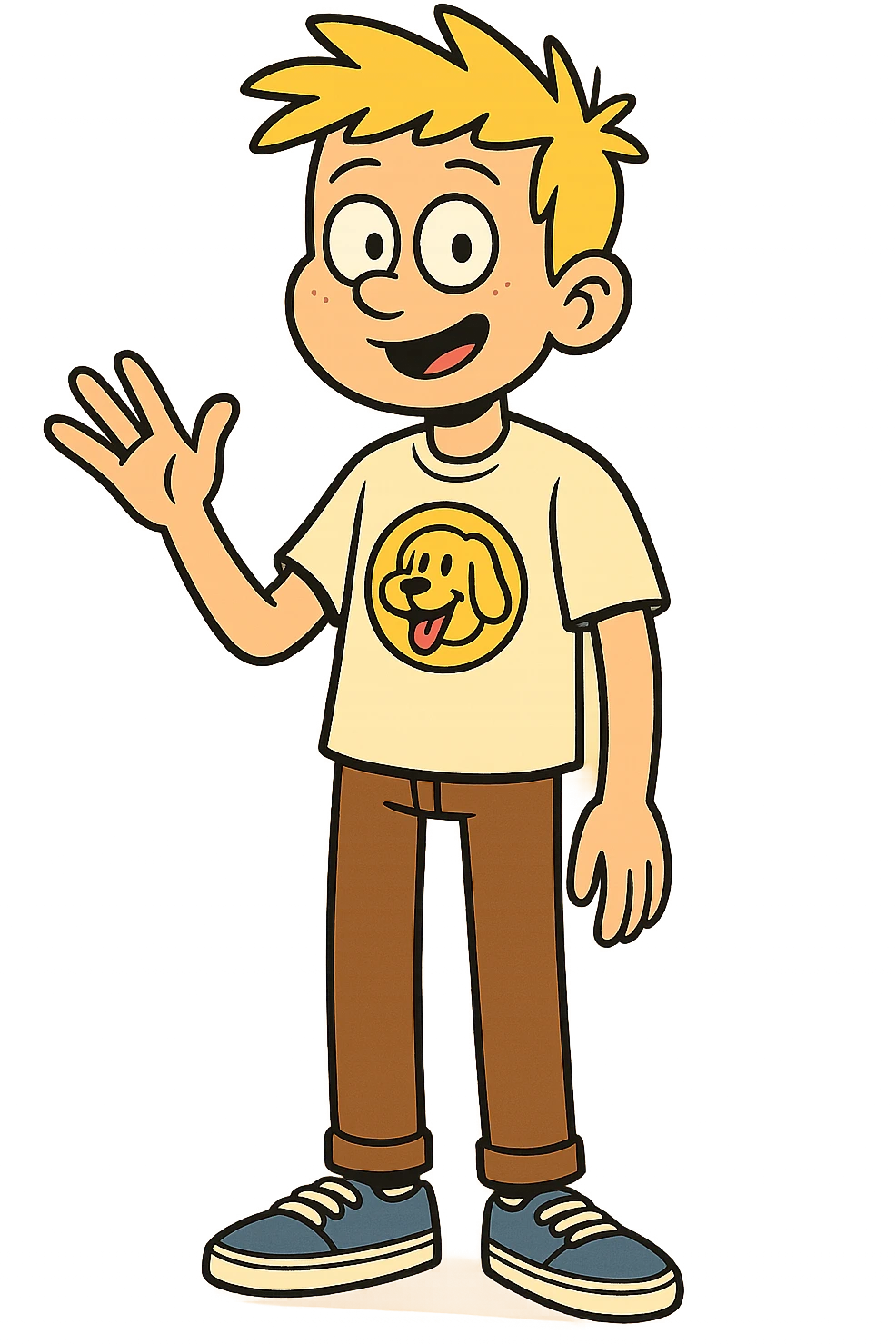 A boy yellow hair dog mascot logo t-shirts brown trousers blue vans shoe  emoji