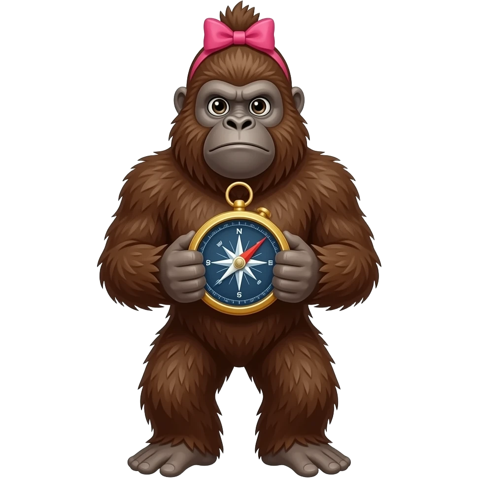 Full body sasquatch with pink bow in hair holding a compass emoji