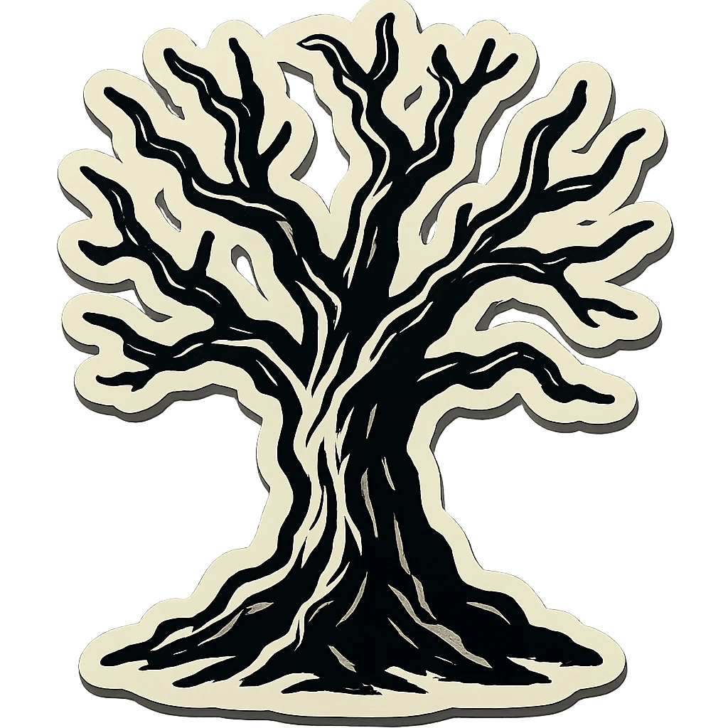 gloomy dry tree, contour style, sharp black lines, expressive shadows and highlights, no gradients, only sharp color transitions, retro stickers style emoji