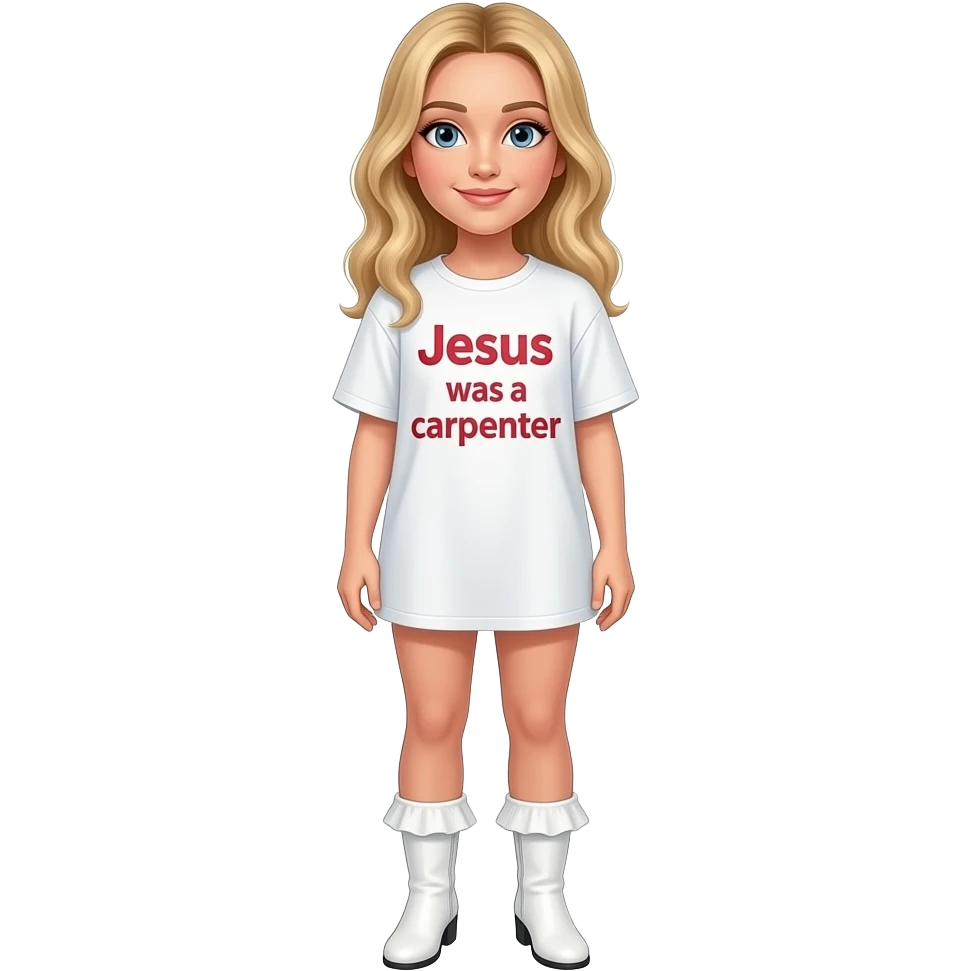 Sabrina Carpenter in an oversized white T-shirt that says “Jesus was a carpenter” and white ankle boots with white ruffle emoji