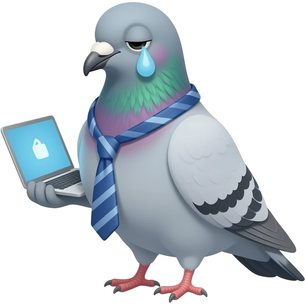 Create an exhausted office pigeon emoji with tie loosened, tiny eye bags, one wing holding a laptop, deadpan expression, simple readable silhouette. emoji