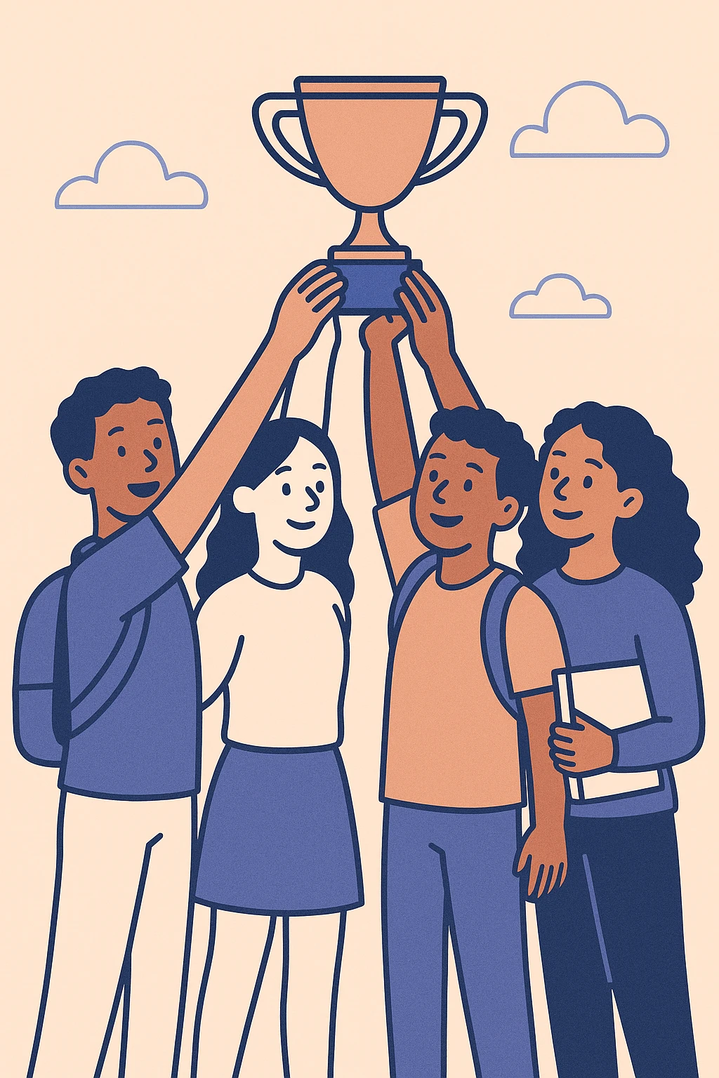 four diverse students in a warm atmosphere lifting a trophy, flat design style, dynamic silhouettes, light background, warm color palette emoji