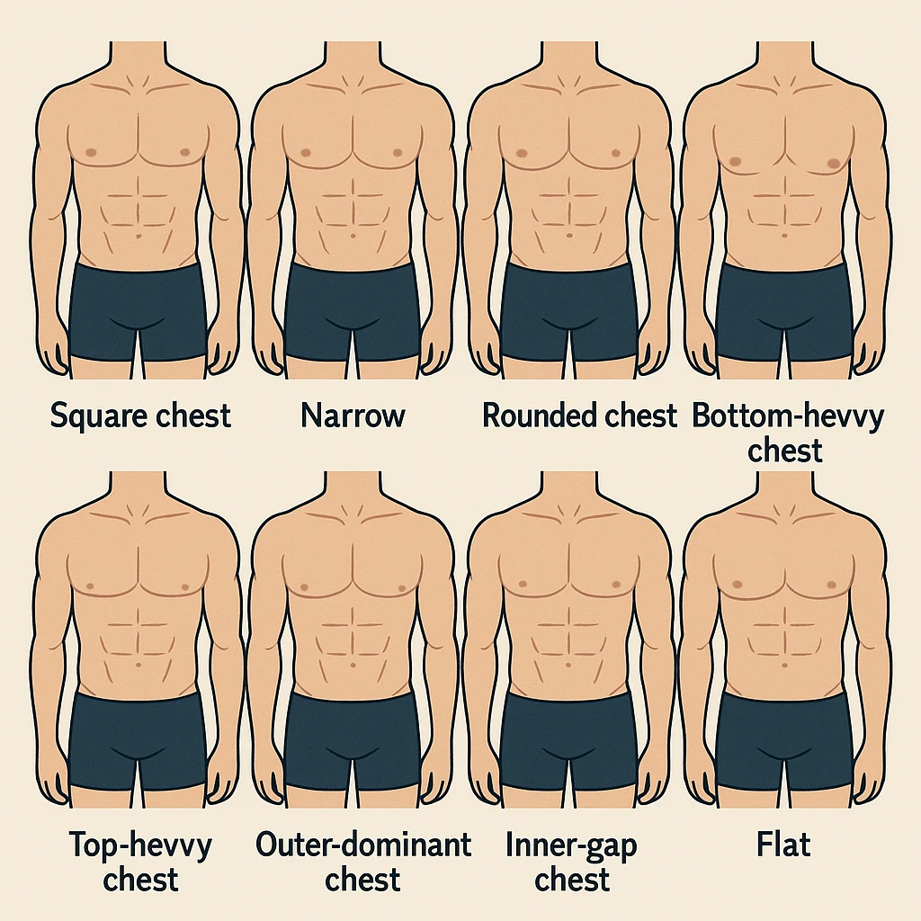 Make image of types of male chest shapes, few examples: Square chest, Narrow chest, Rounded chest, Bottom-heavy chest, Top-heavy chest, Outer-dominant chest, Inner-gap chest, Flat chest. emoji