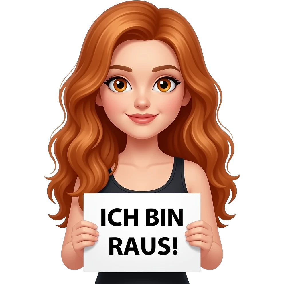 sexy girl with long wavy ginger hair and ginger eyes wearing a black tanktop is holding a white sign with ICH BIN RAUS! written on it emoji