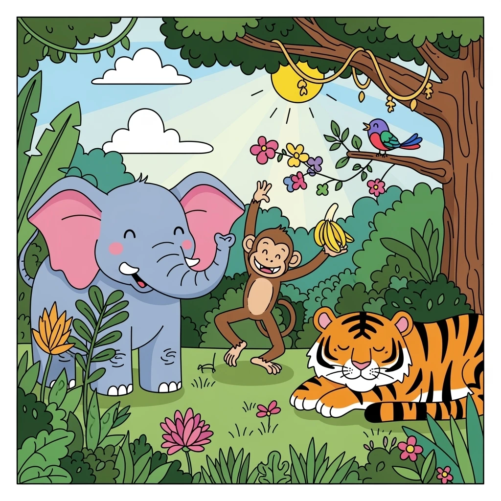 hand drawn digital illustration of jungle safari in the style of children's illustration emoji
