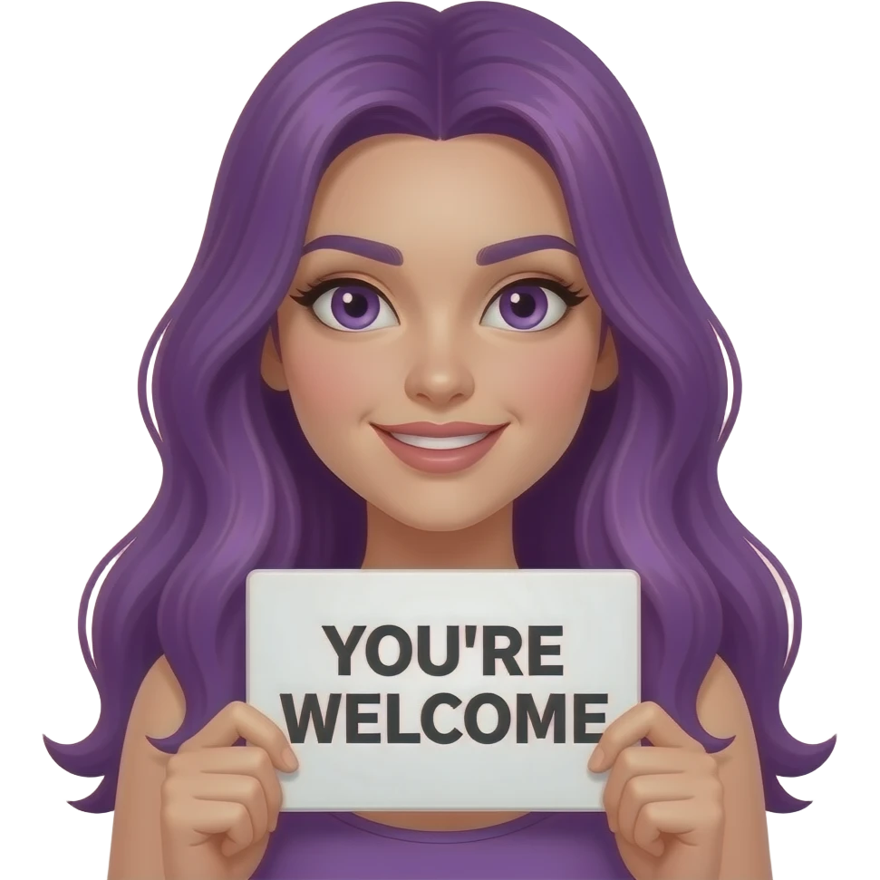 sexy girl with long purple hair and purple eyes holding a YOU'RE WELCOME sign emoji