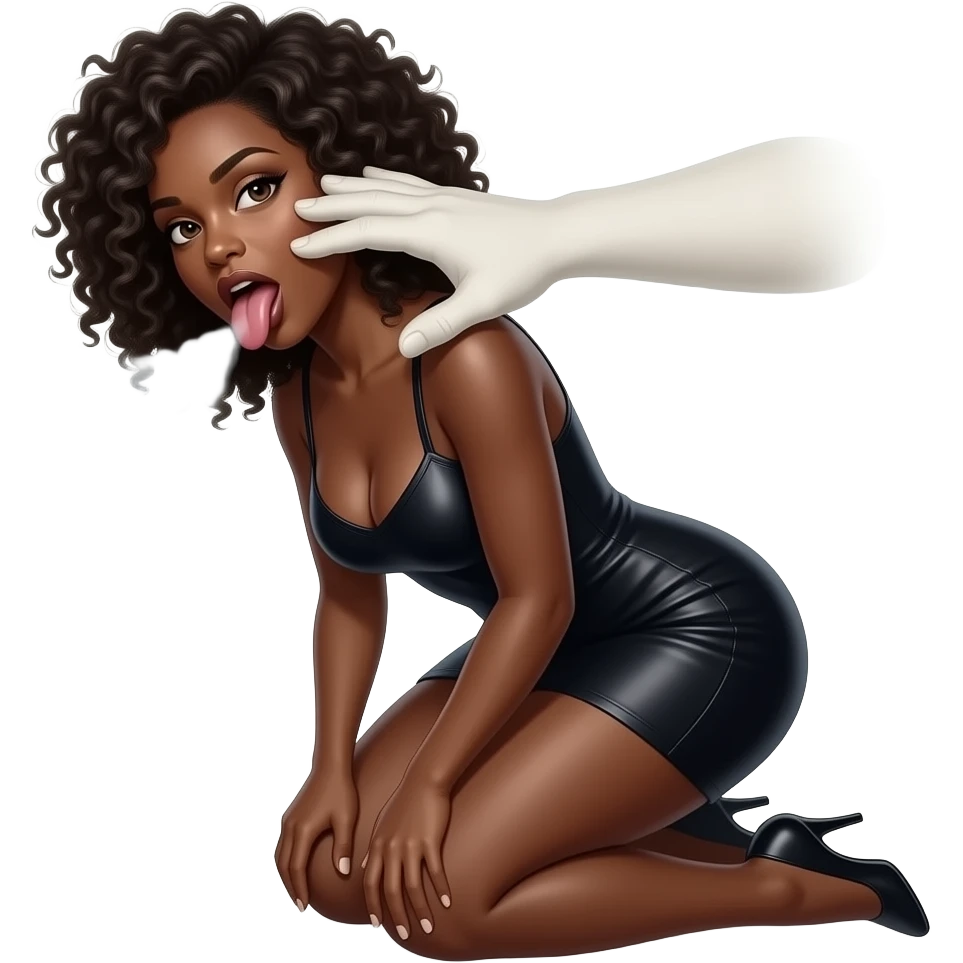 submissive midtone black woman kneeling down with white hand choking her with her tongue out with gasses and curly hair emoji