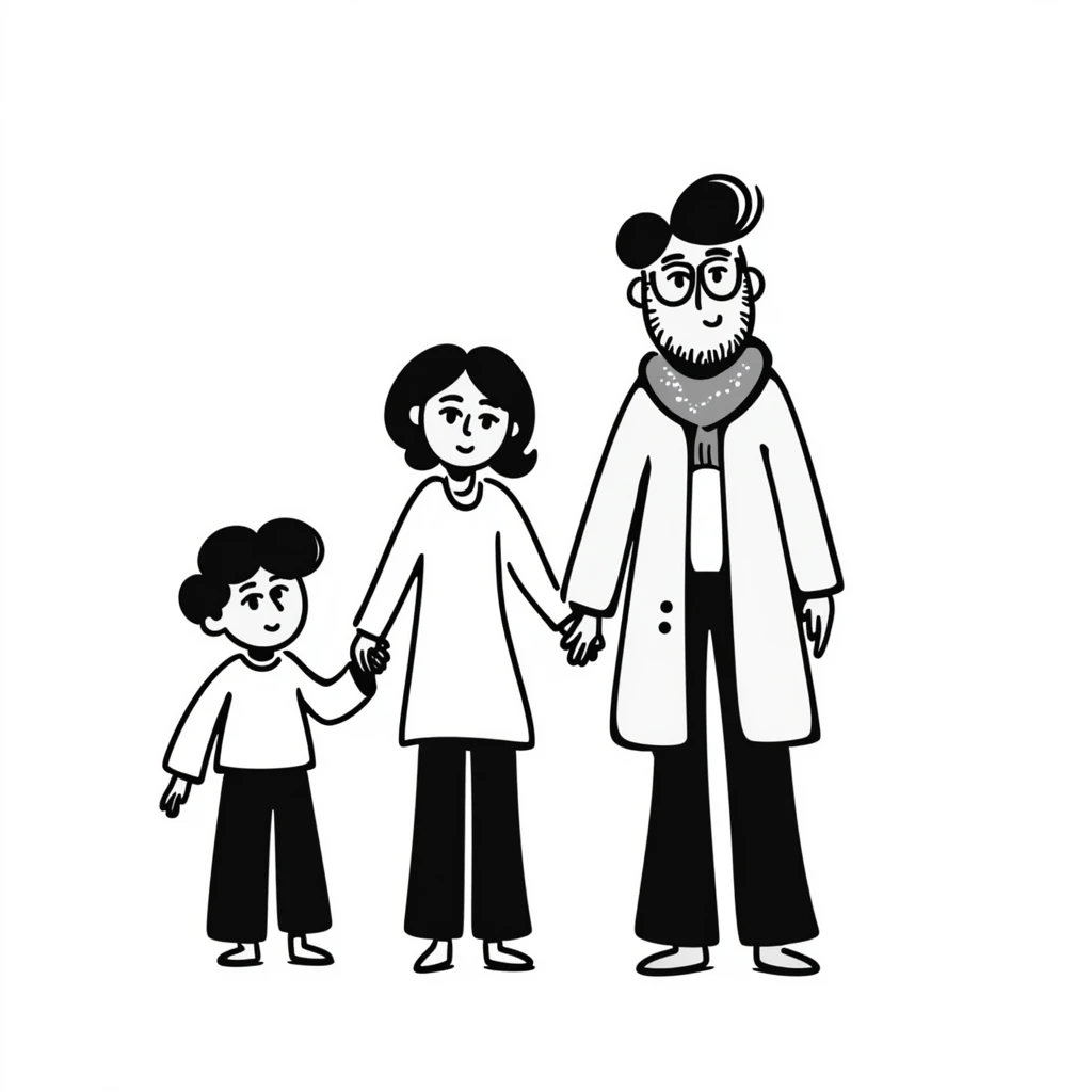 a family of four, hand-drawn doodle style, playful, white background emoji
