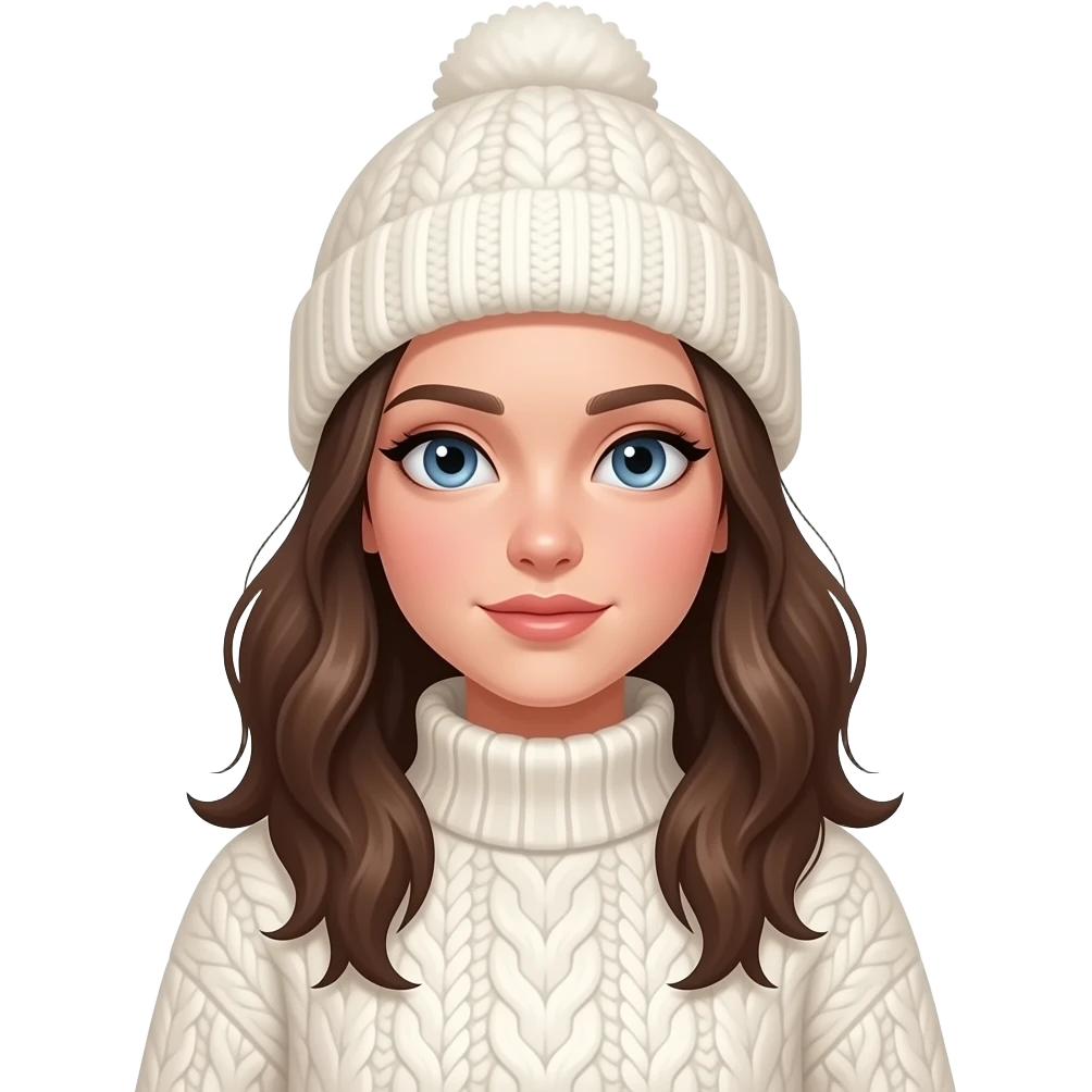 "A beautiful cinematic portrait of a Gen Z girl for January. Wearing cozy cream cable knit sweater and beanie. Cinematic cold girl makeup. Soft morning light, snowy background. photorealistic, fashion style, soft bokeh." emoji