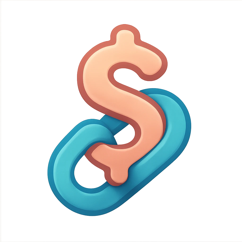 a single coherent icon fusing a dollar sign and a link chain element into one shape, inspired by Airbnb icon style, softly shaded, semi-realistic, colorful, friendly, clear and recognizable at small size, suitable for a button to send money via a link emoji