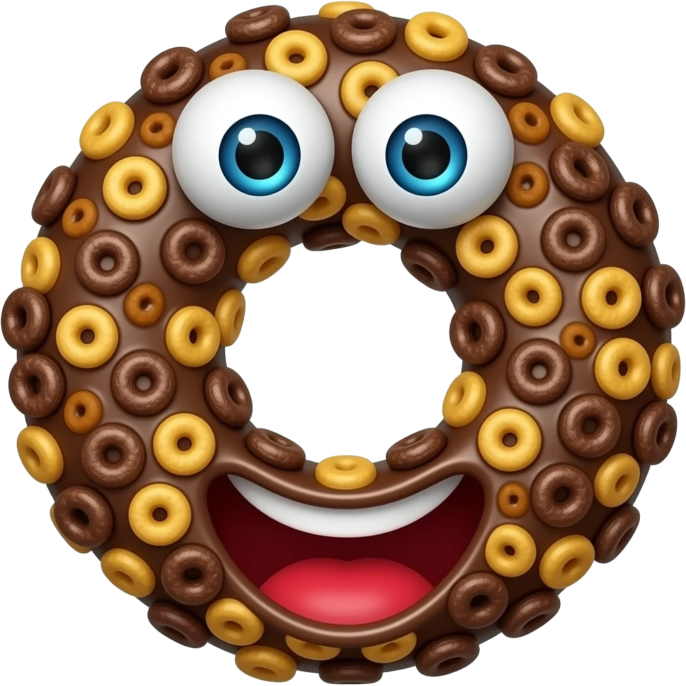 chocolate cereal hoop with fun eyes and open mouth emoji