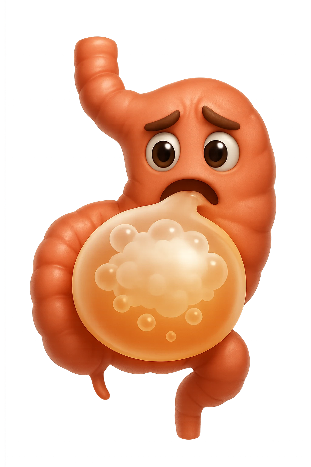 emoji stile iphone di un intestino che ingoia una nuvoletta di aria ben visibile e gli si gonfia la pancia, non fargli il naso, iperrealistico 4k emoji