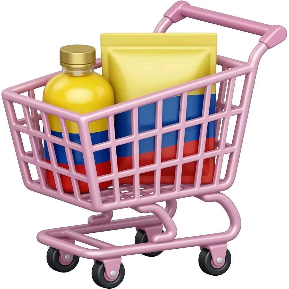 Carrito de compras rosado con productos de marcas colombianas emoji