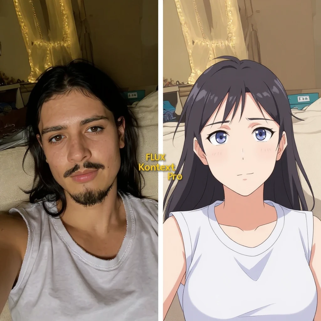 create before after image of a girl before is realsitic photo, after is anime version of her in same pose and clothes, add logo with text of a "FLUX Kontext Pro" emoji