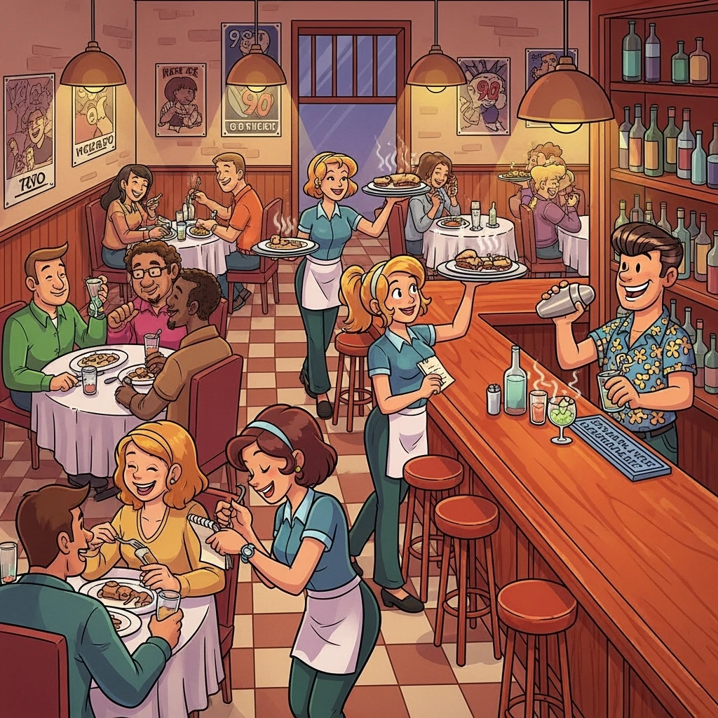 Illustration d'un restaurant avec des clients à table, des serveuses qui prennent les commandes et qui amènent les plats. Un barman sert des cocktails. Ambiance chaleureuse. Style cartoon années 90. emoji
