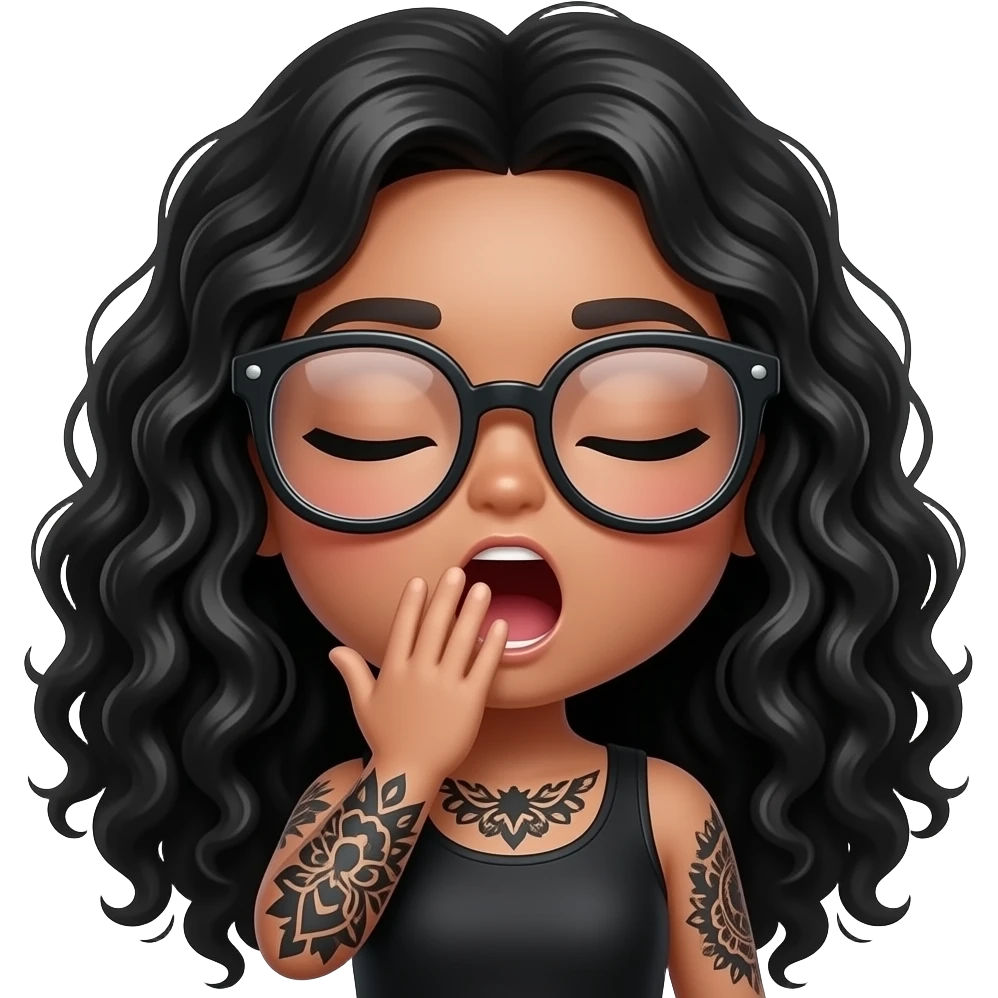Kawaii style round very light brown skin glossy with eyes shut and oversized glasses and a full black tattooed arm and long curly black hair, yawning with hand in front of mouth emoji