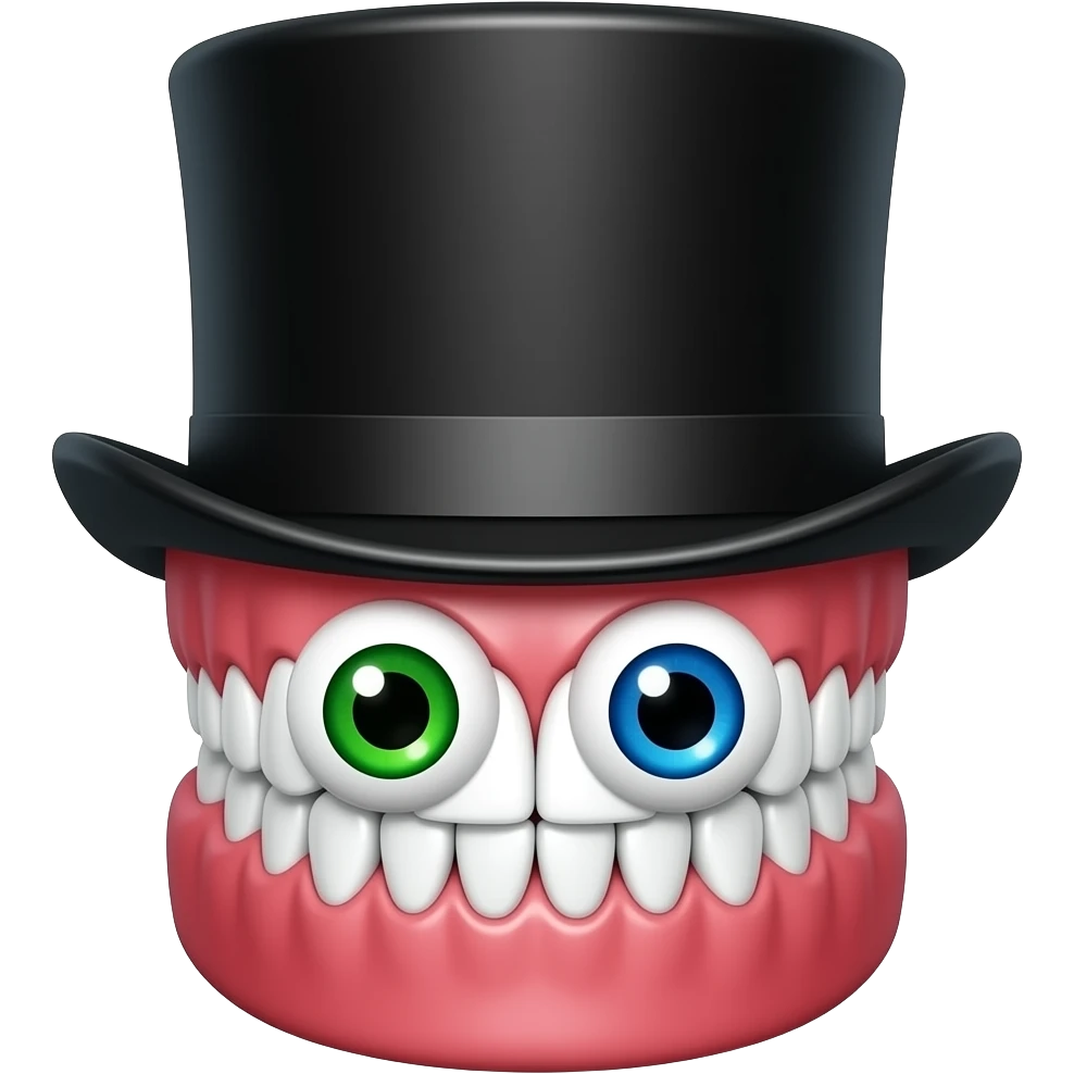 Set of dentures with red gums, eyes placed within the jaw, one green eye, one blue eye, wearing a black top hat emoji