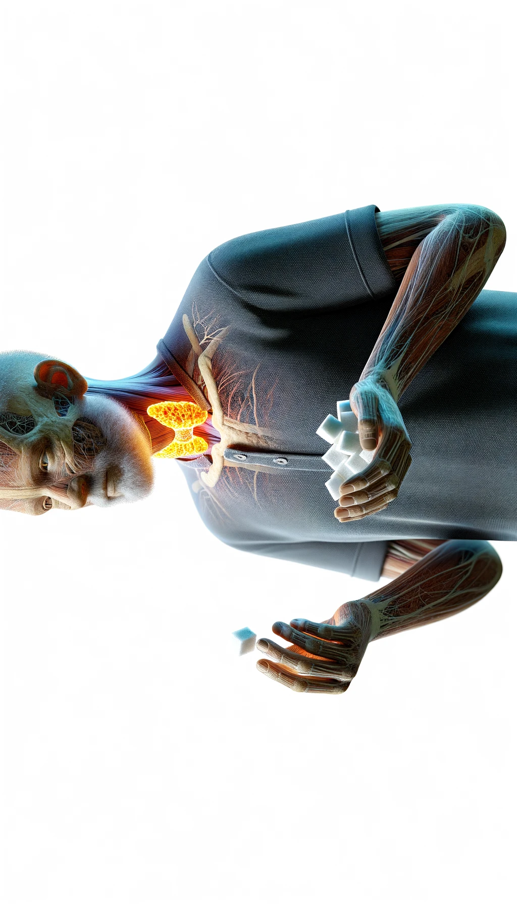 corpo umano anatomico con capelli corti a figura intera fino alle ginocchia, tiroide infiammata in evidenza, tiene in mano una manciata di zollette di zucchero, iperrealistica 4k, isolato su sfondo bianco emoji