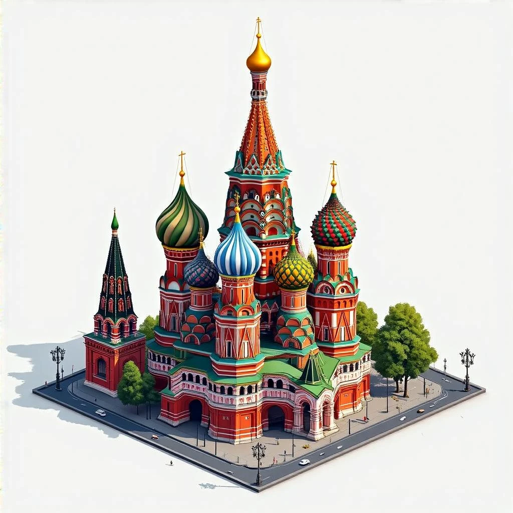 Isometric illustration of Moscow, featuring photorealistic Saint Basil's Cathedral, highly detailed in semi-realistic style, balanced between stylized painting and realistic, 3D miniature effect with a slight hand-painted touch - transparent background emoji