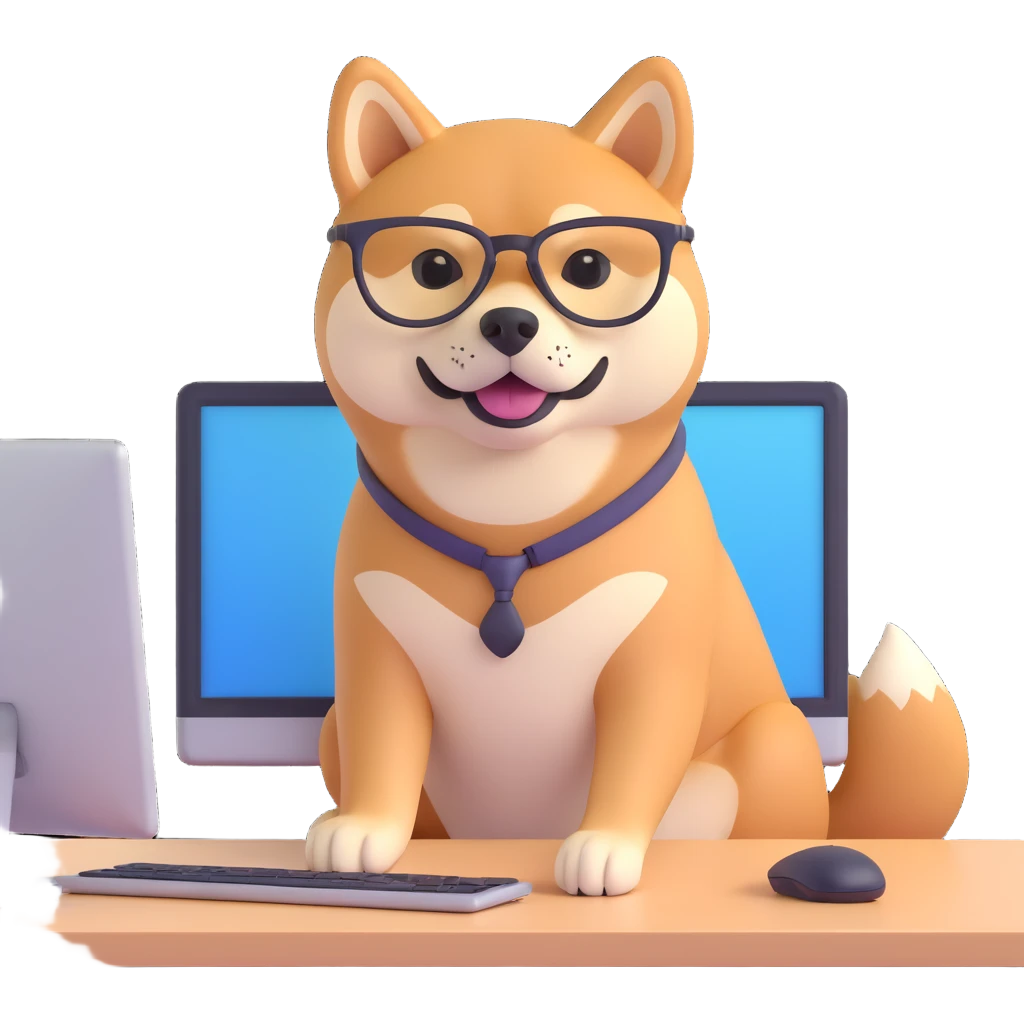 shiba inu with eye glasses and computer emoji