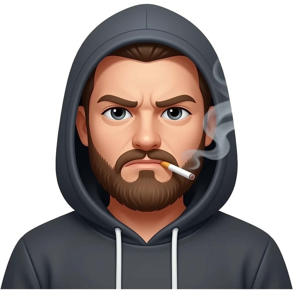 man with beard and hoodie frowning and smoking cigarette emoji