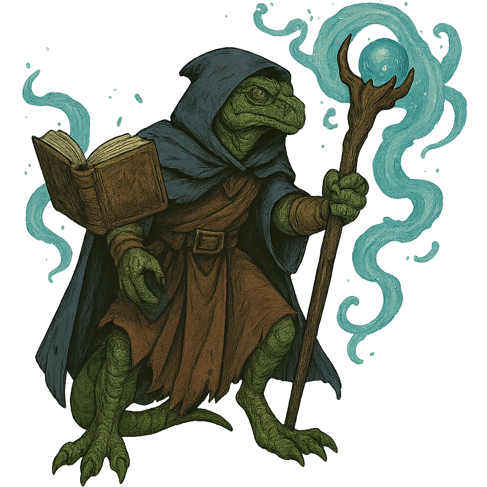 Add a floating magic book to the lizard man wizard, keeping the fantasy magical style. The image should have no background. emoji