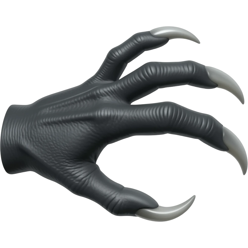 Long dark Demonic hand with sharp claws. The hand should be reaching out violently and to attack and slashing towards the right of the image violently. Shift the perspective to a side profile to show the curvature and length of the claws more clearly. emoji