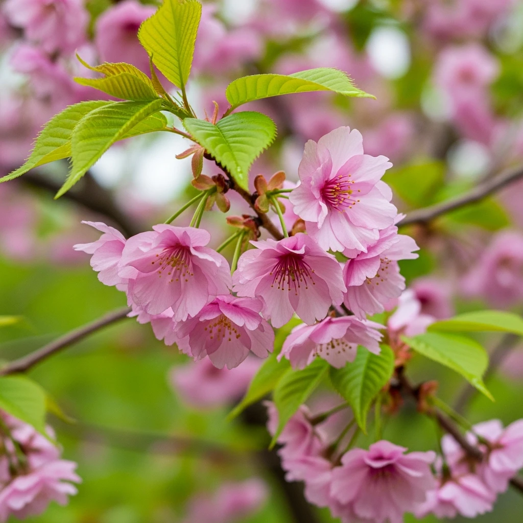 pink cherry blossom with green leaves emoji