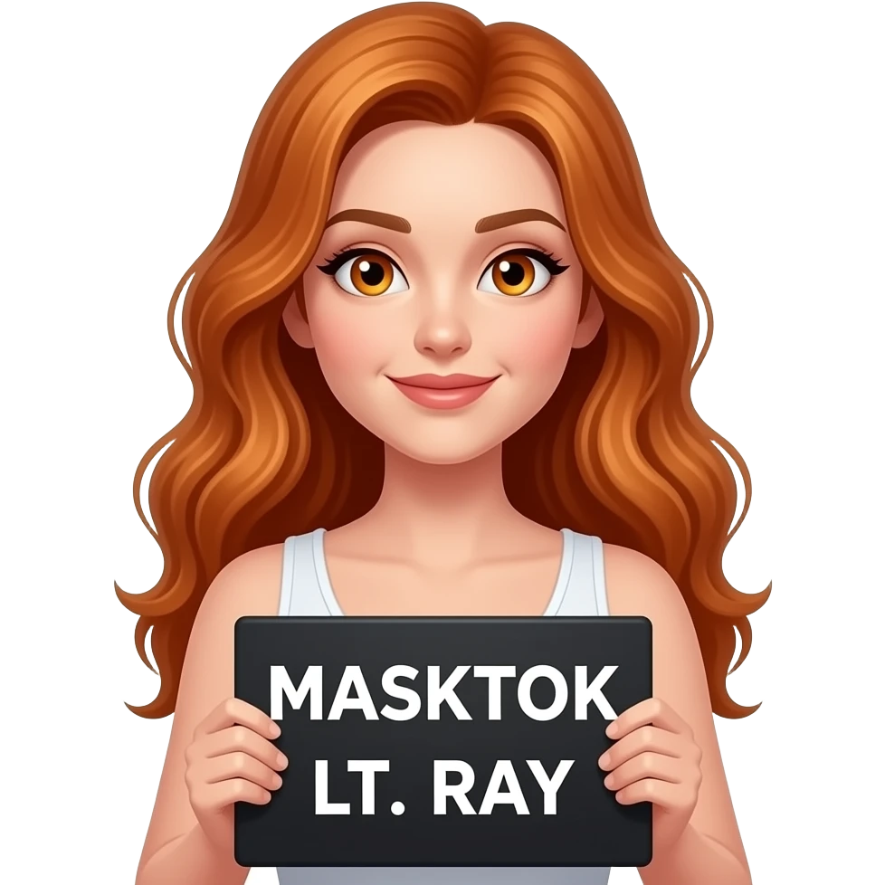 sexy girl with long wavy ginger hair and ginger eyes wearing a white tanktop is holding a black colored sign with MASKTOK LT. RAY written on it emoji
