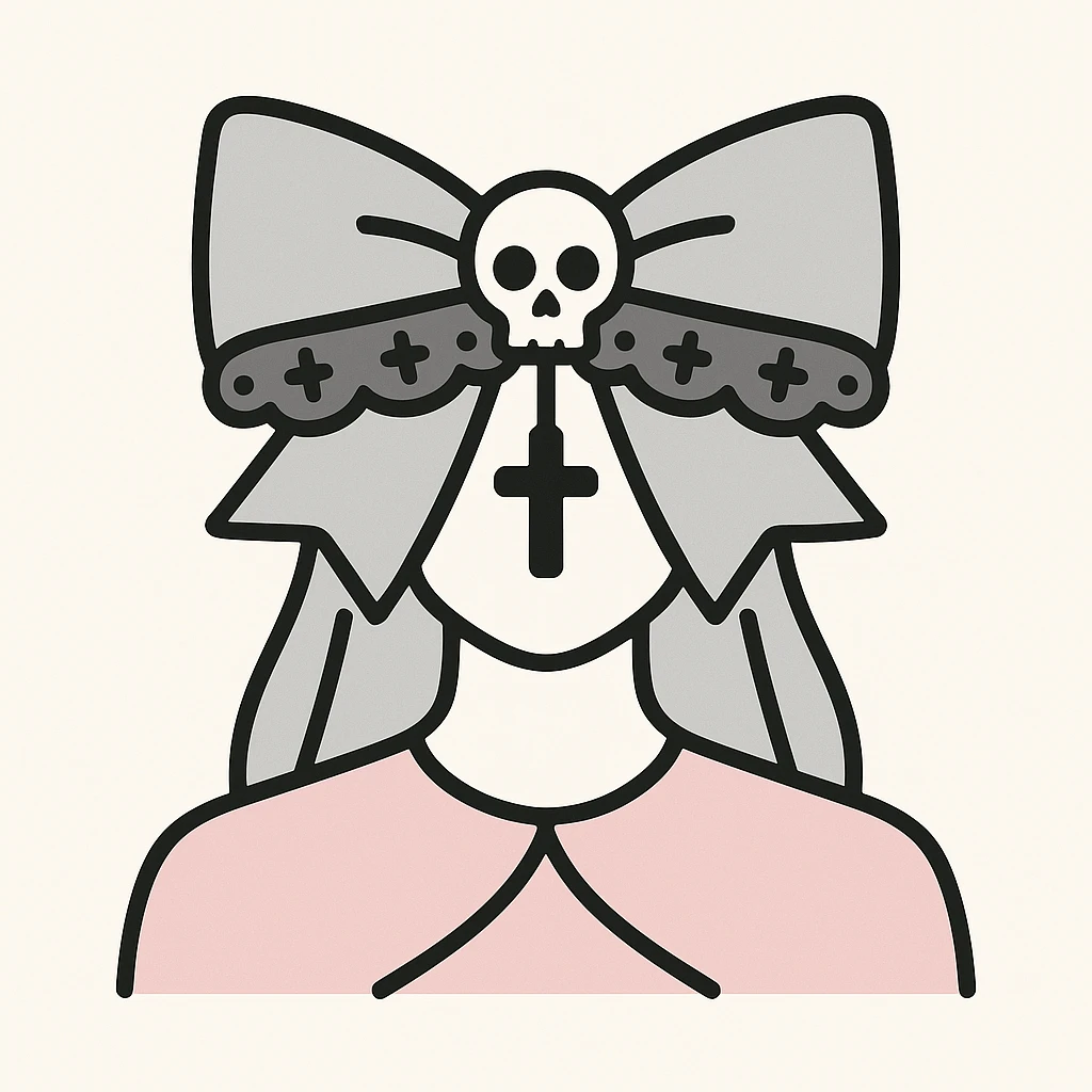 gothic style bow, black lace, dark elegant, subtle skull or cross motif, moody atmosphere, pastel goth palette emoji