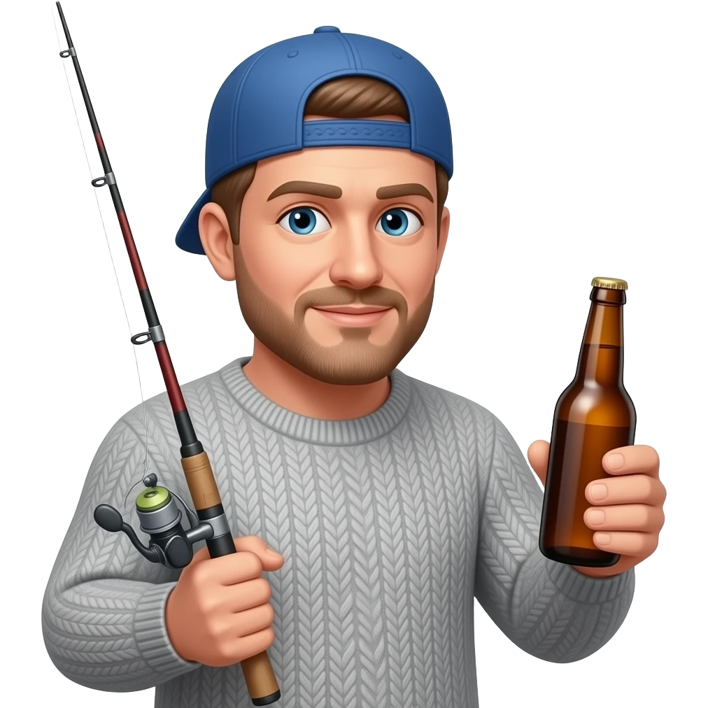 a fisherman standing towards the camera wearing a backwardsblue  baseball cap and grey sweater looking at a bottle of beer with the cap on it holding a fishing rod emoji