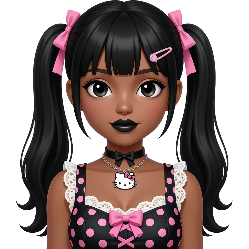 my melody hairclip, dark brown skin, Doll faced shaped, hello kitty necklace, bimbo, black doll eyes, Big lips, long black hair, with white or black lace pink polka dots with gyaru sleeveless shirt, with hime gyaru bows, big breast emoji