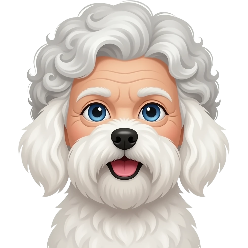 Elderly woman blue eyes very curly hair with maltese dog emoji