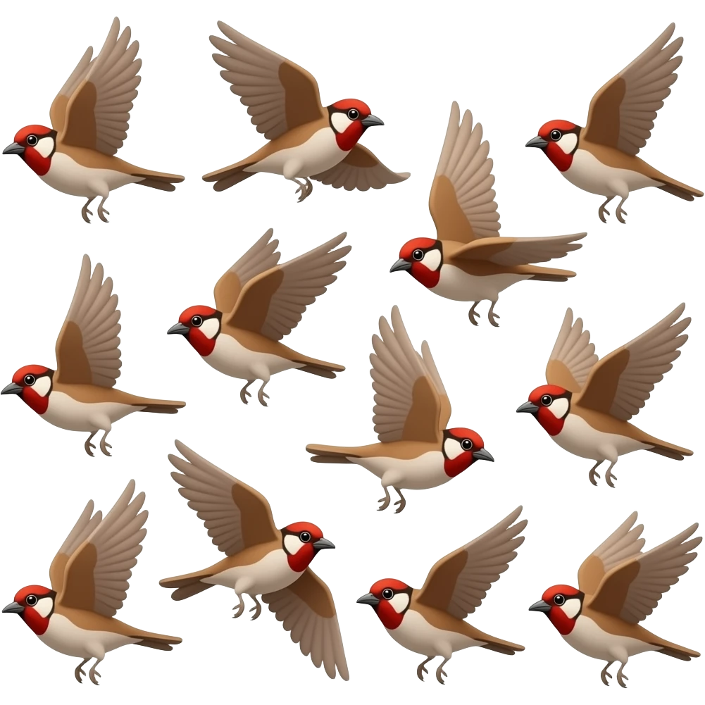 A 3D render iPhone emoji icon of a detailed Brown and red color 3D Render iPhone emojis of a flock of brown and red color songbirds flying in the air emoji