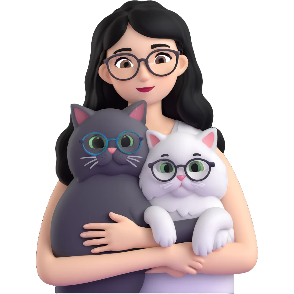 Skinny woman with oval glasses, long straight black hair, wearing white sleeveless top, hugging a grey Persian-Angora cat, plain background emoji