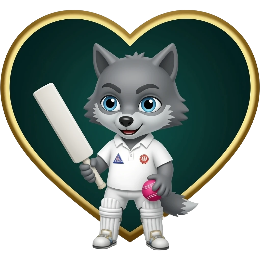 Dark Green and gold heart with a grey werewolf holding a pink cricket ball and cricket bat emoji