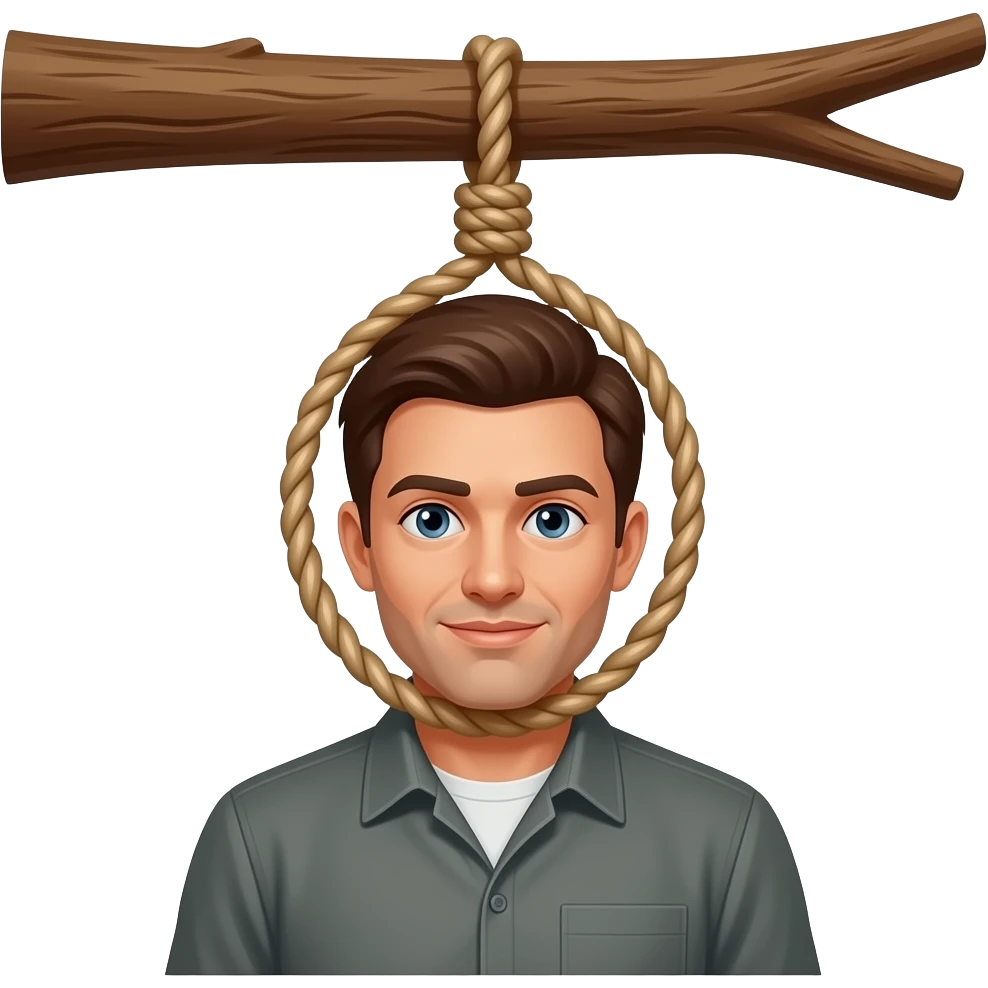 A man being hung by a noose around his neck from a tree branch emoji