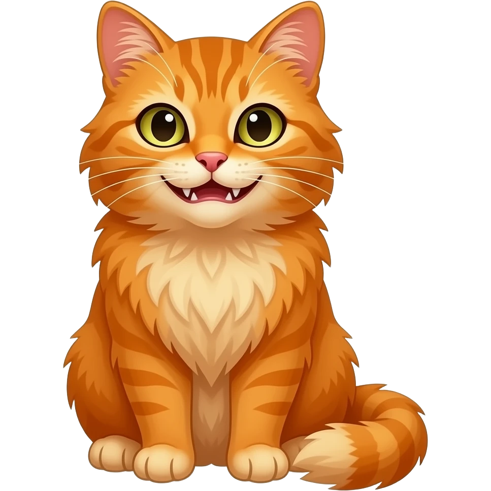 orange cat with devilish eyes, long haired, smirk, teeth, full body, sitting emoji