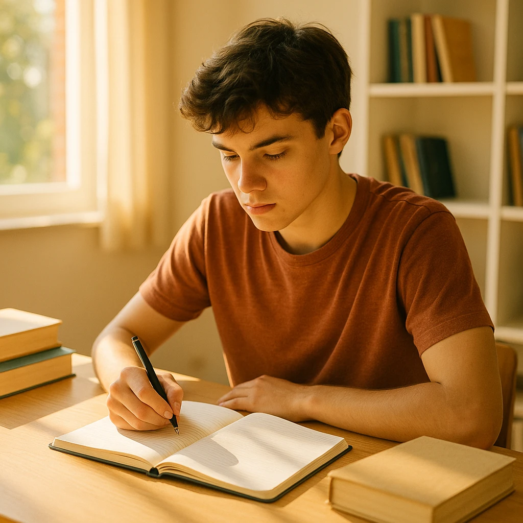 student studying, sitting at desk, focused expression, notebook and books, bright and warm atmosphere emoji