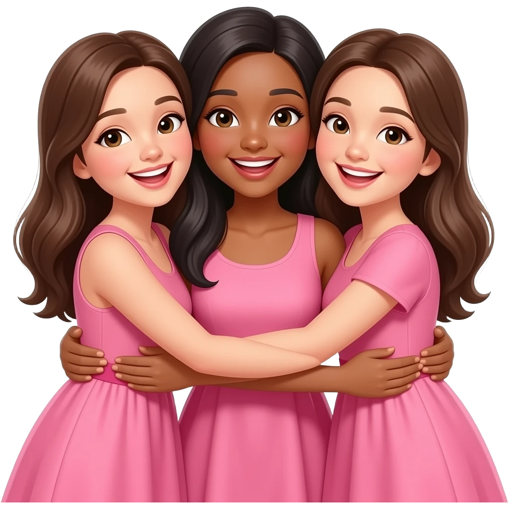 3 girls with pink frock happily standing with hug with same skin tone emoji