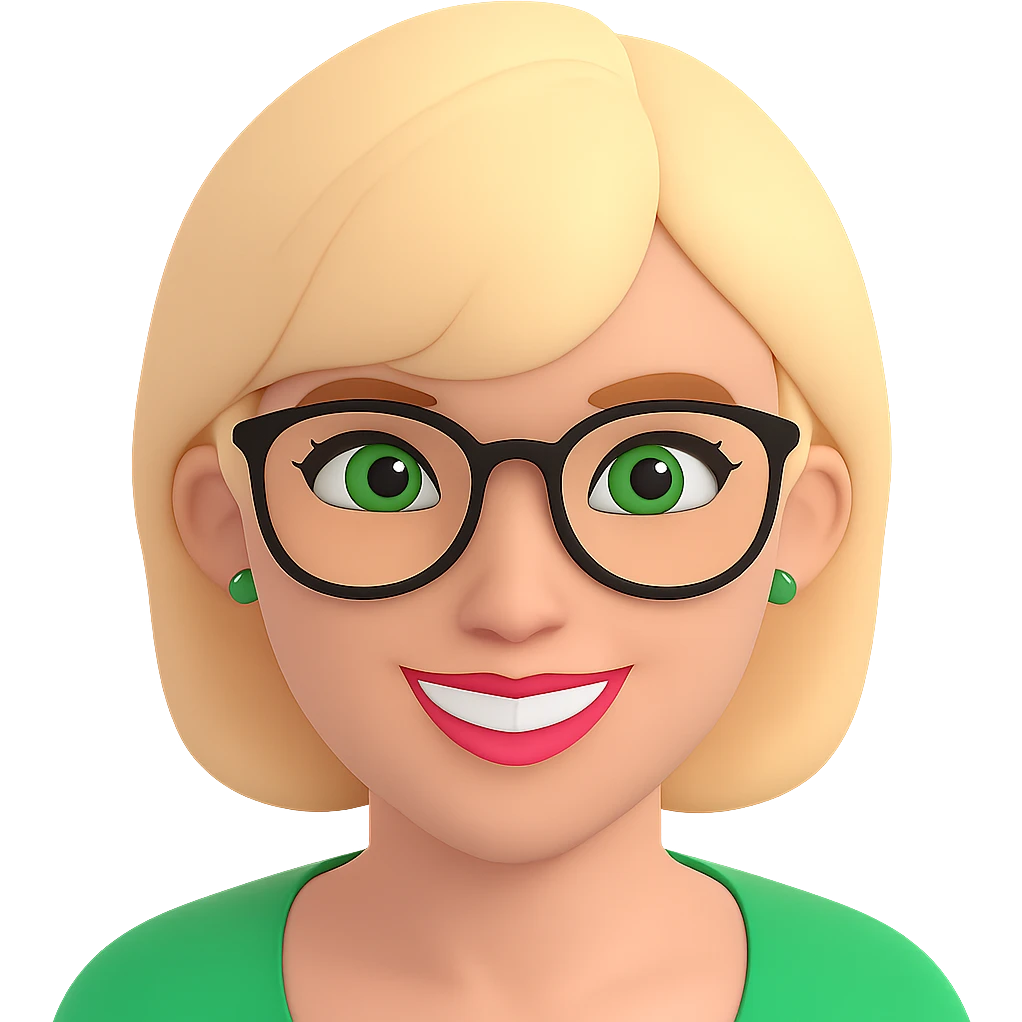 Add stylish glasses to the woman with thick blonde short hair and green eyes in a 3D emoji style. Keep the 3D emoji look consistent and remove the background. emoji