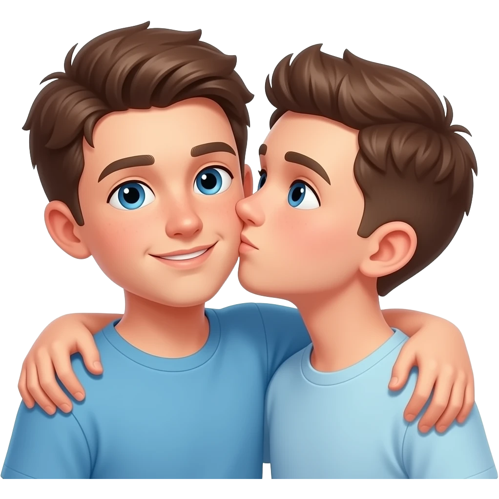 Erstelle ein Emoji von zwei Brüder, der eine um die 19 und der andere um die 23, der älter Bruder legt sein Arm über sein jüngeren Bruder und küsst ihn auf die Wange. Beide haben blaue Augen emoji